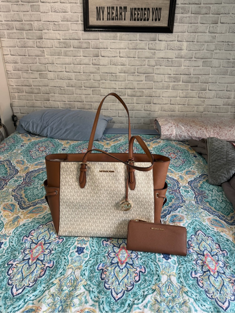Michael Kors Brown and Cream Signature Tote with Matching Wallet